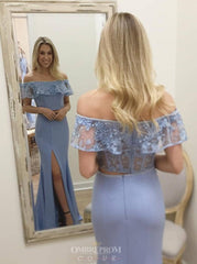 Lace Off-Shoulder Blue Prom Dresses Two Piece Sheath Slit Party Gown