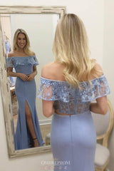 Lace Off-Shoulder Blue Prom Dresses Two Piece Sheath Slit Party Gown