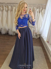 Dark Blue Two-Piece 3/4 Sleeve Applique Prom Graduation Dress