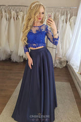 Dark Blue Two-Piece 3/4 Sleeve Applique Prom Graduation Dress