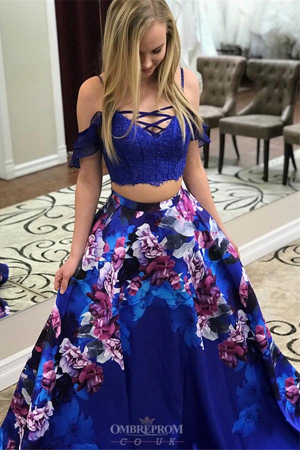 Drop Sleeve Two-Piece Royal Blue Flower Printed Prom Dress with Pockets