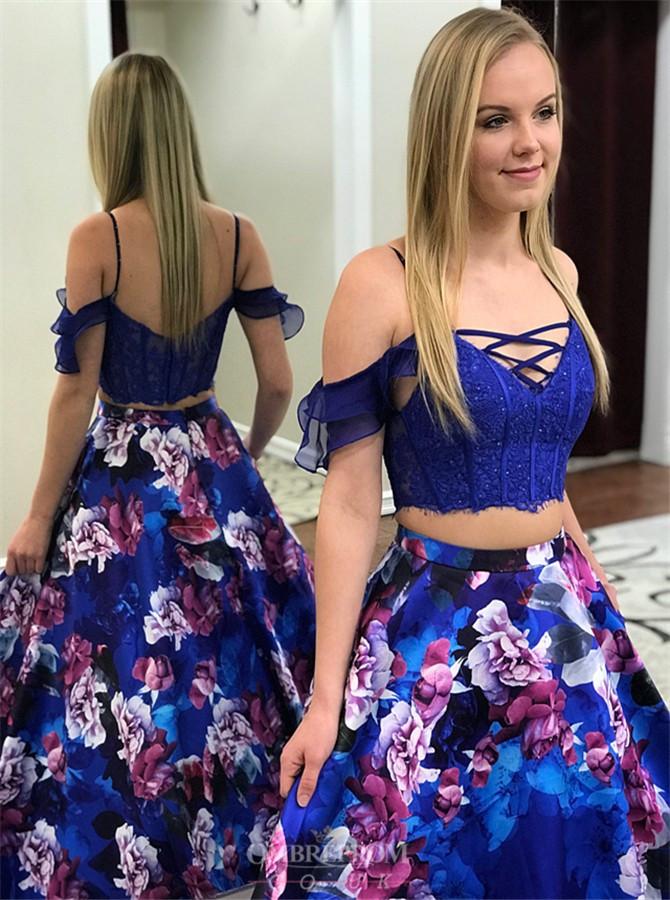 Drop Sleeve Two-Piece Royal Blue Flower Printed Prom Dress with Pockets
