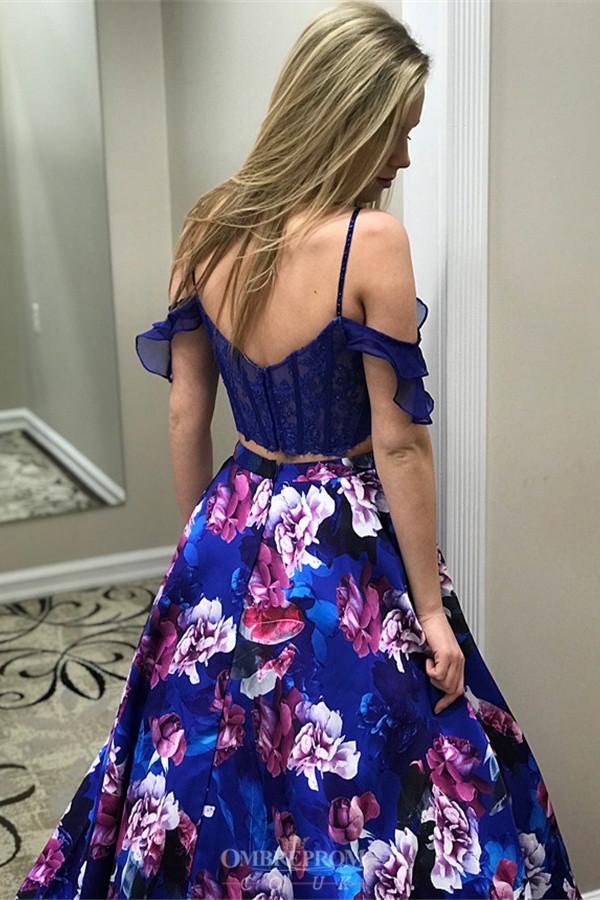 Drop Sleeve Two-Piece Royal Blue Flower Printed Prom Dress with Pockets