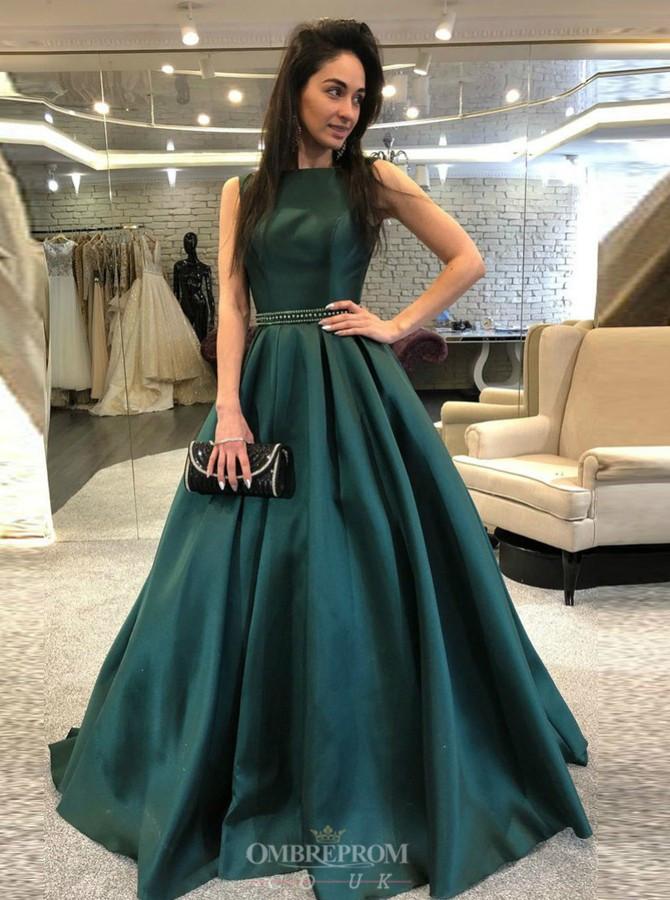 A-Line Spaghetti Strap Dark Green Backless Formal Prom Dress