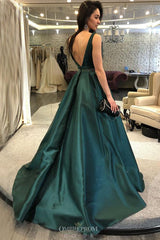 A-Line Spaghetti Strap Dark Green Backless Formal Prom Dress