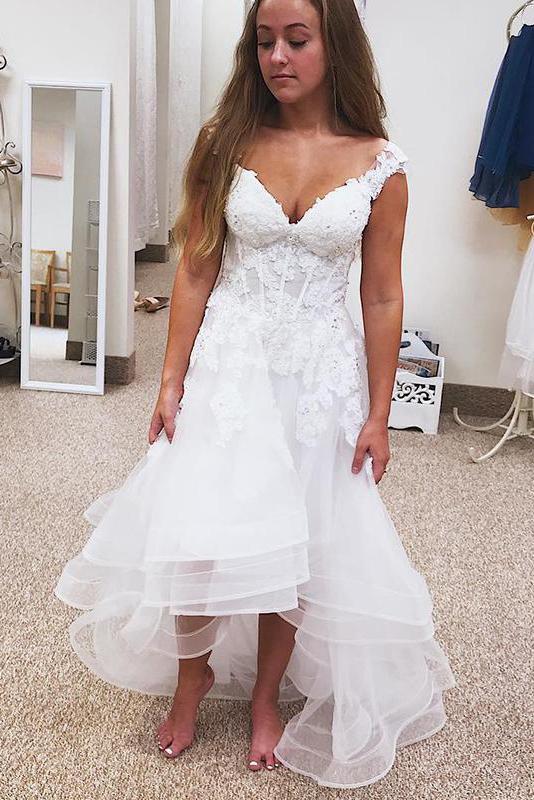 A-Line V-Neck High-Low Tulle Short Beach Wedding Dress