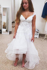 A-Line V-Neck High-Low Tulle Short Beach Wedding Dress