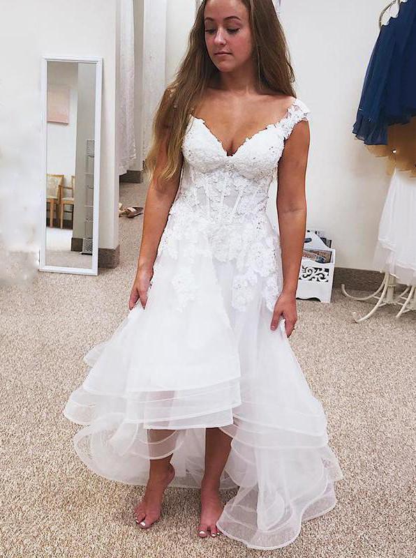A-Line V-Neck High-Low Tulle Short Beach Wedding Dress