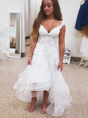 A-Line V-Neck High-Low Tulle Short Beach Wedding Dress