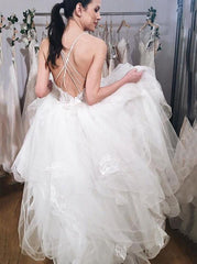 Backless Spaghetti Straps Tiered Applique Wedding Dress