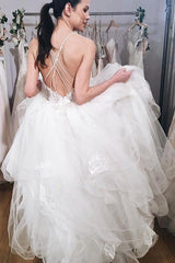 Backless Spaghetti Straps Tiered Applique Wedding Dress