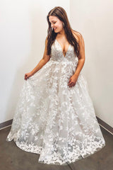 Elegant A-Line V-Neck Applique Long Plus Size Lace Wedding Dress