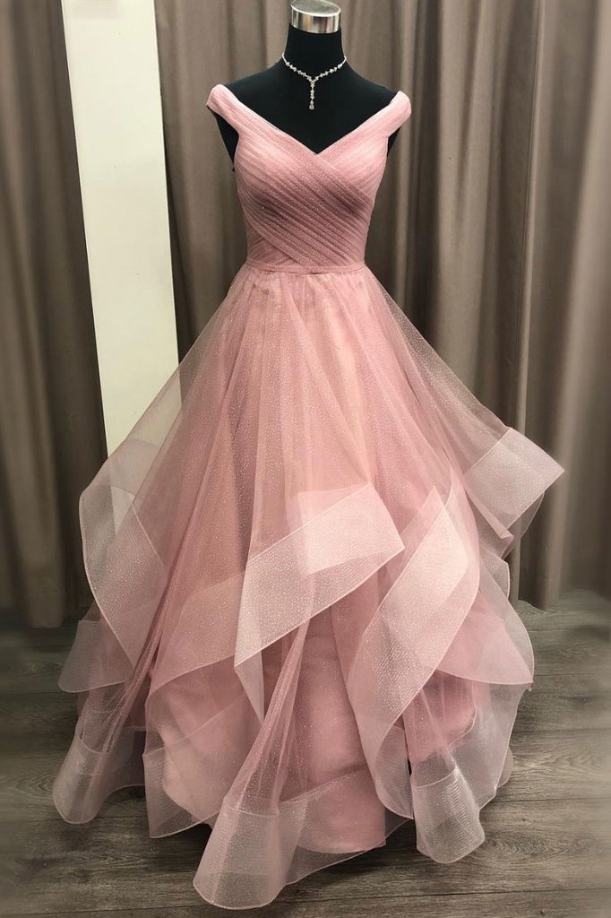 A-Line Off Shoulder Tulle Long Prom Dress with Layered