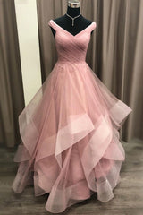 A-Line Off Shoulder Tulle Long Prom Dress with Layered