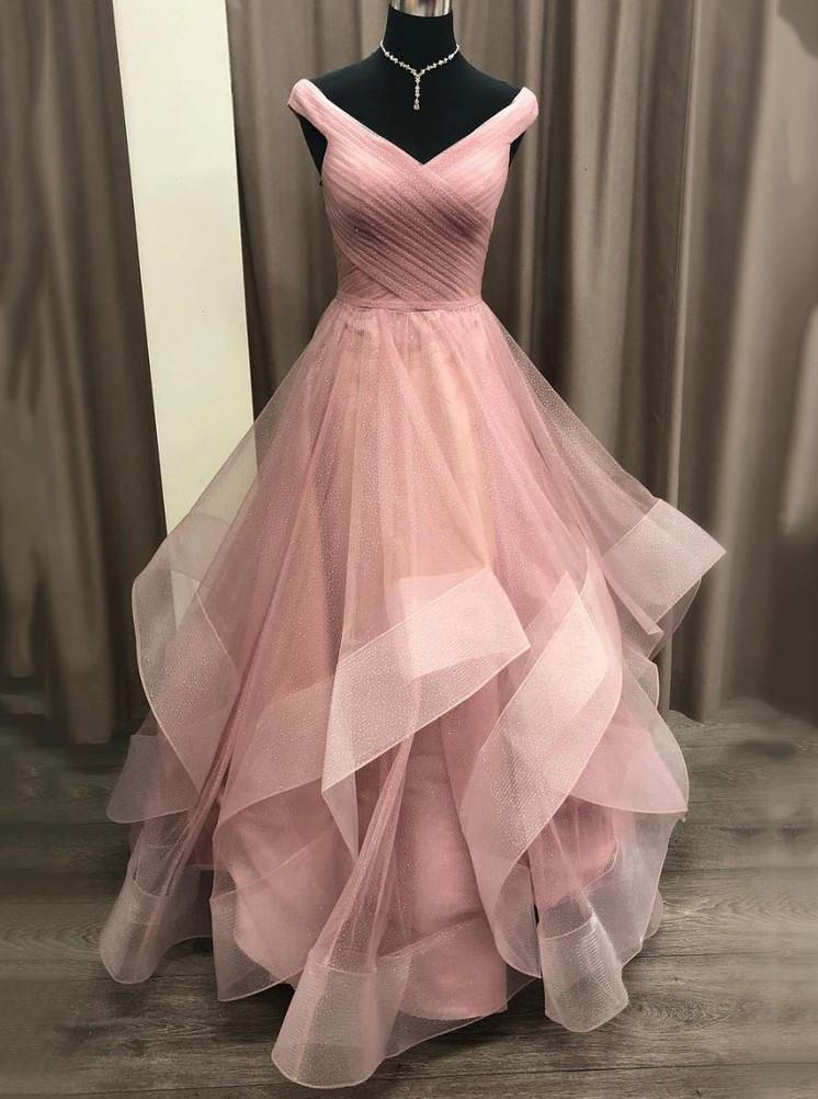 A-Line Off Shoulder Tulle Long Prom Dress with Layered