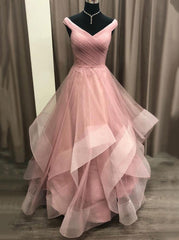 A-Line Off Shoulder Tulle Long Prom Dress with Layered