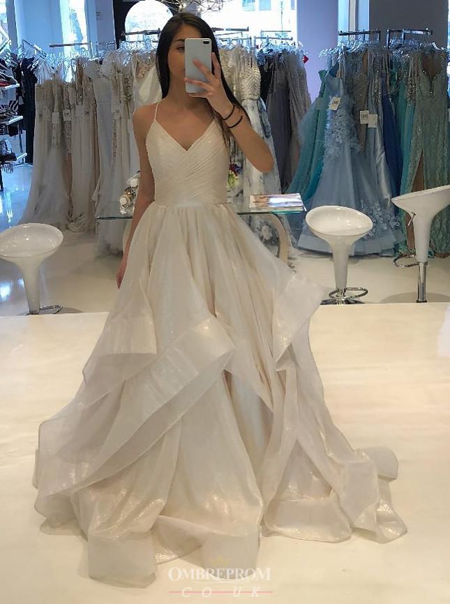 A-Line V-Neck Long Prom Dress with Sparkle Ruffles