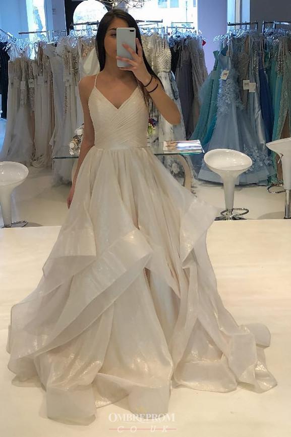 A-Line V-Neck Long Prom Dress with Sparkle Ruffles