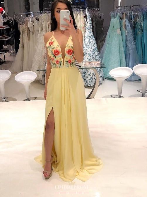 Daffodil Spaghetti Strap Chiffon Prom Dress with Slit and Embroidery
