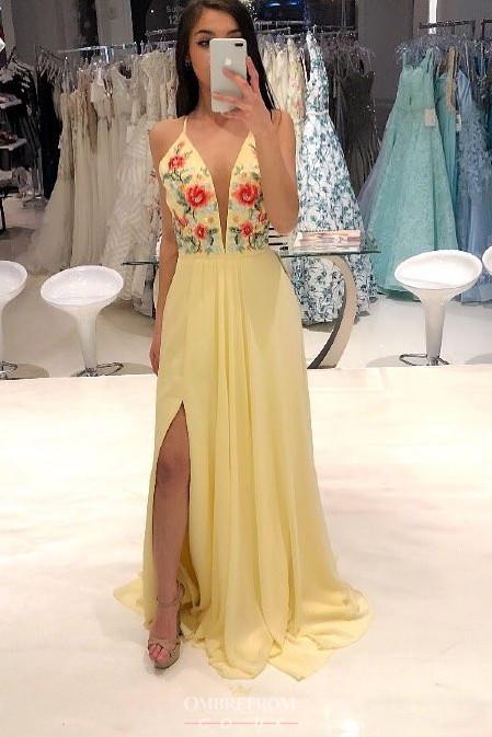 Daffodil Spaghetti Strap Chiffon Prom Dress with Slit and Embroidery