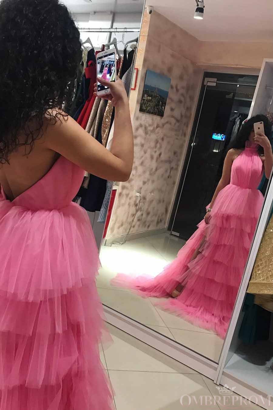 Princess Halter Pink Long Prom Dresses Backless Pageant Dress with Layers