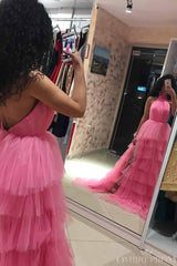 Princess Halter Pink Long Prom Dresses Backless Pageant Dress with Layers