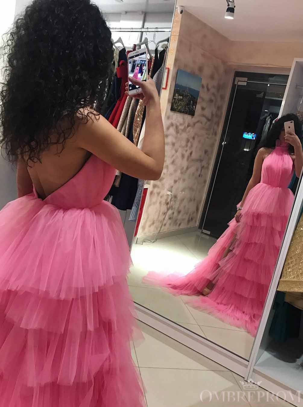 Princess Halter Pink Long Prom Dresses Backless Pageant Dress with Layers