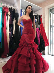Burgundy Sweetheart Mermaid Layered Prom Dress