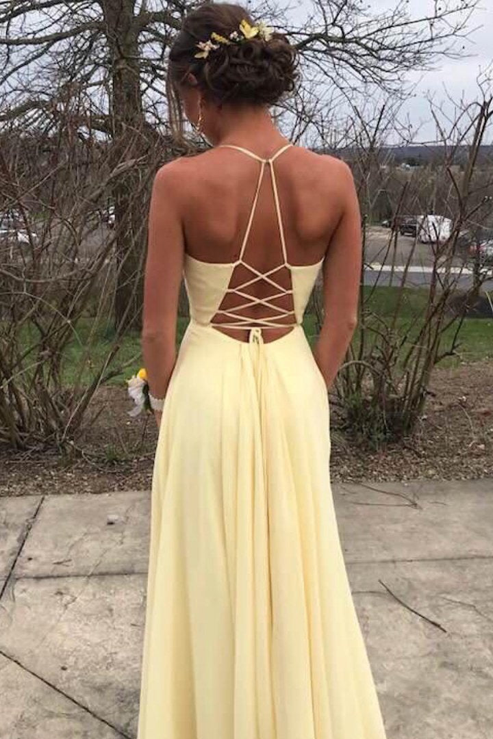 Daffodil Spaghetti Strap Chiffon Prom Dress with Slit and Embroidery