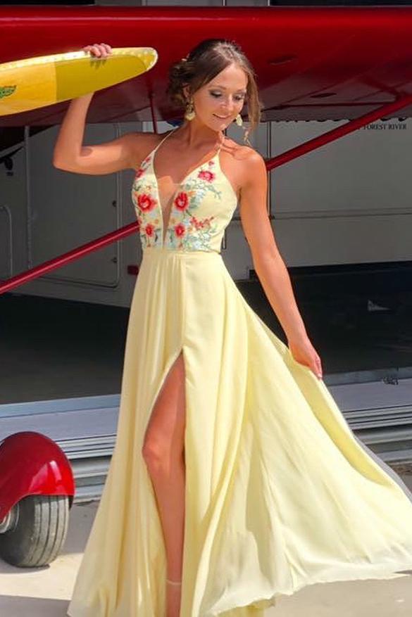 Daffodil Spaghetti Strap Chiffon Prom Dress with Slit and Embroidery