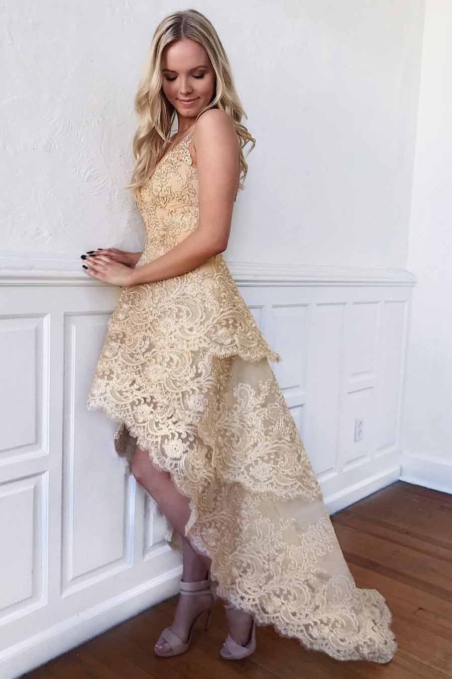 A-Line V-Neck Gold Lace High-Low Homecoming Dress