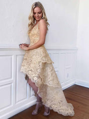 A-Line V-Neck Gold Lace High-Low Homecoming Dress
