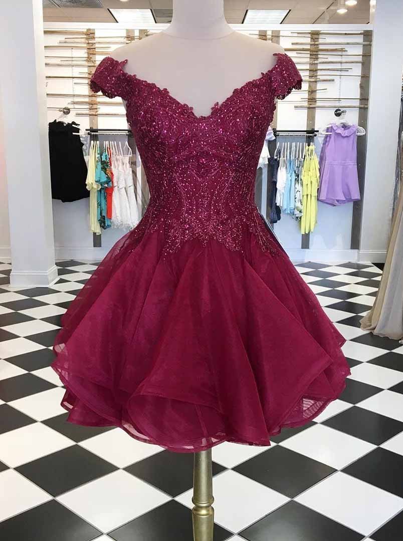 Cap Sleeves V-Neck Beads Short Prom Dress, Burgundy Homecoming Dress