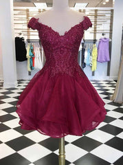 Cap Sleeves V-Neck Beads Short Prom Dress, Burgundy Homecoming Dress