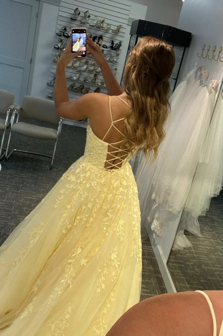 Daffodil Tulle Long Prom Dresses, Floral Appliques Formal Evening Dress