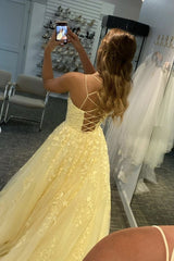 Daffodil Tulle Long Prom Dresses, Floral Appliques Formal Evening Dress