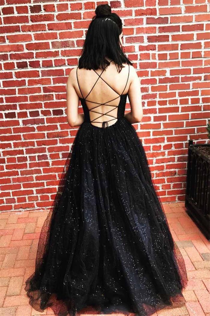 Black Sequin Scoop Neck Tulle Backless Prom Dress