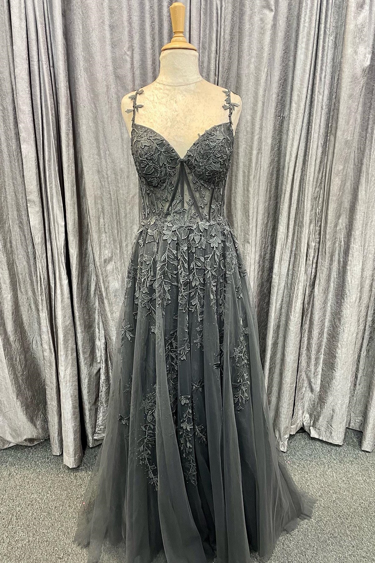 Sky Blue Lace Tulle Long Prom Dresses, Off-the-Shoulder A-Line Formal Gown