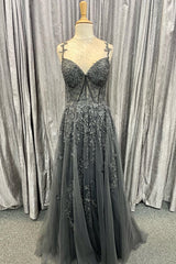 Sky Blue Lace Tulle Long Prom Dresses, Off-the-Shoulder A-Line Formal Gown