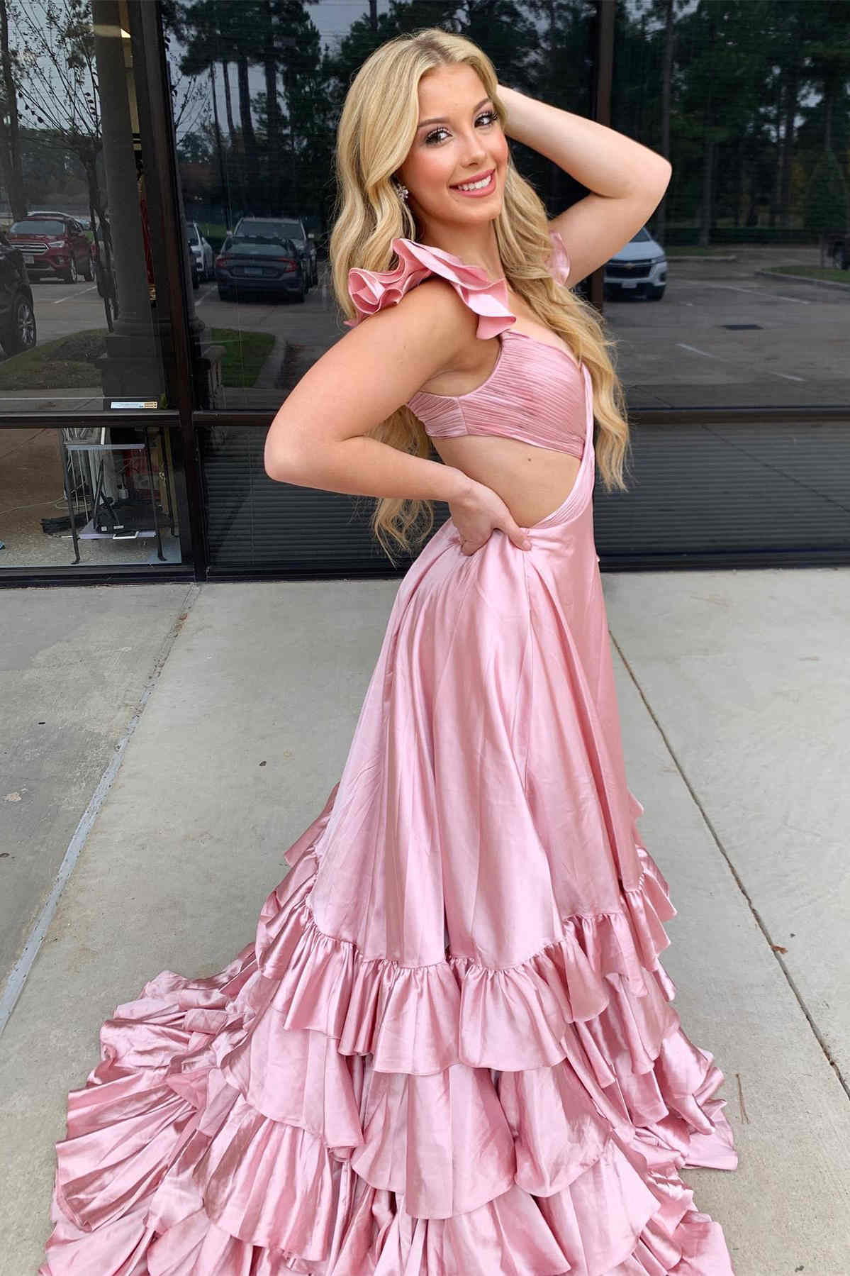 Criss-Cross Top Ruffled Straps Red Pleated Layered Long Prom Dress