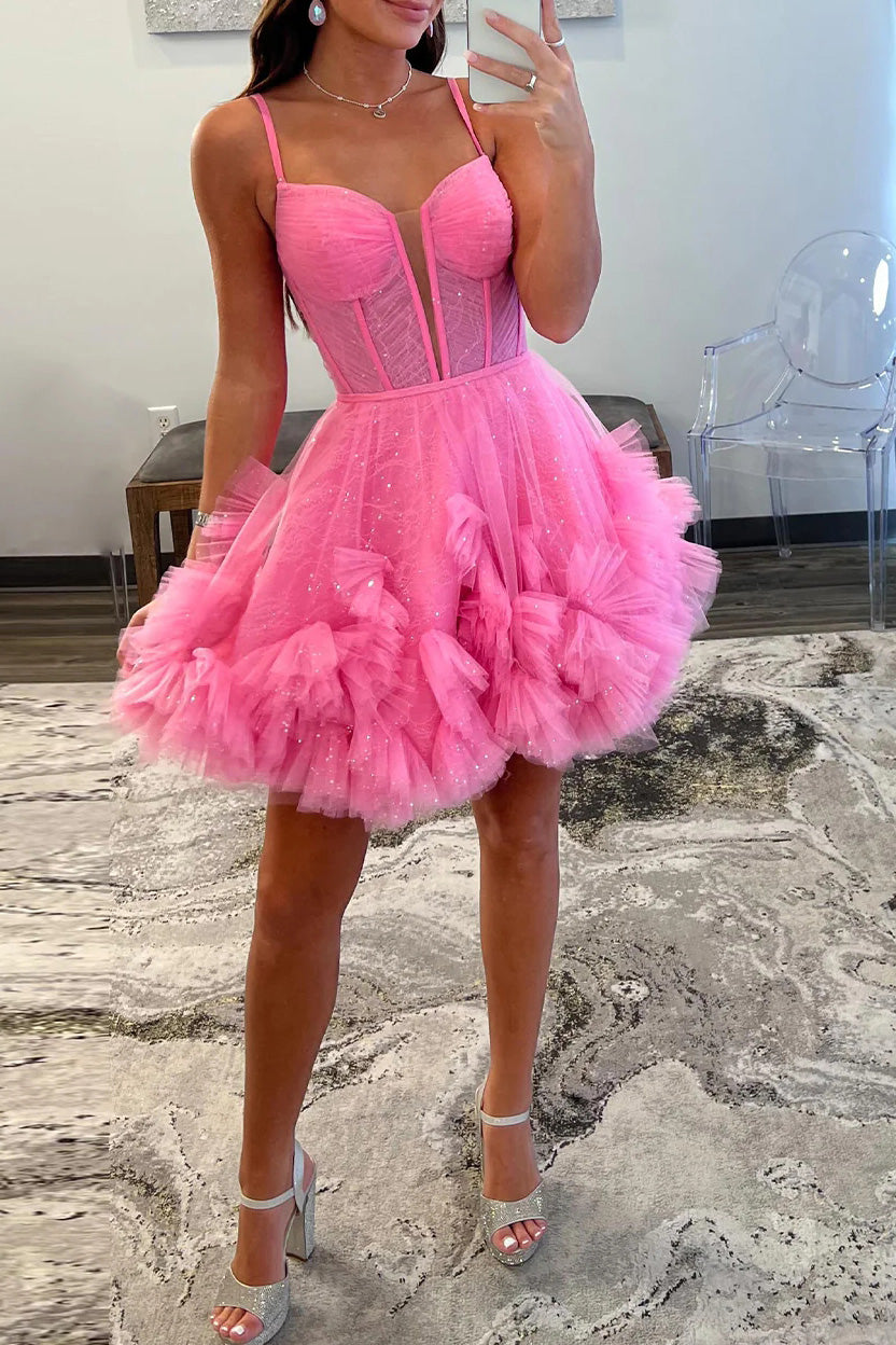 Sparkly A-Line Corset Bodice Tulle Short Homecoming Dresses, Pink Sweet 16 Dress