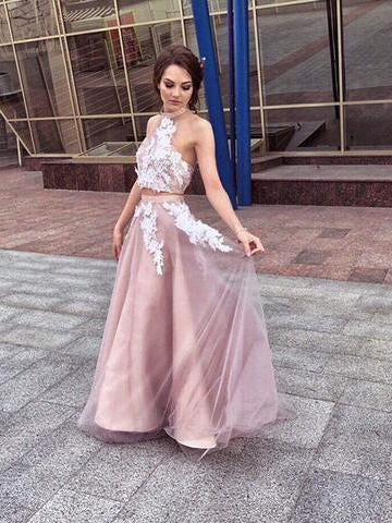 Appliques A-Line Halter Pink Prom Dresses, Tulle Graduation Gown