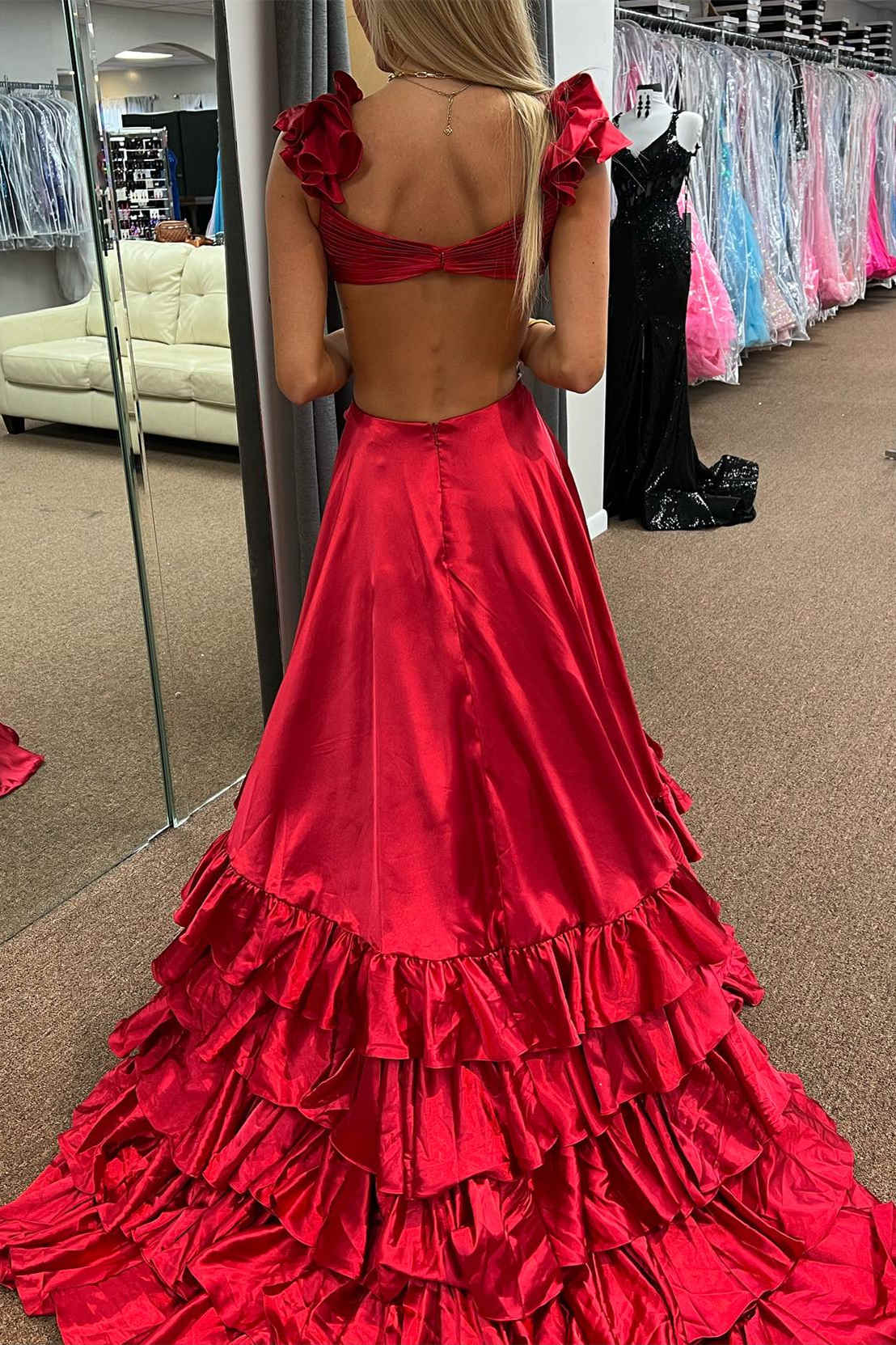 Criss-Cross Top Ruffled Straps Red Pleated Layered Long Prom Dress