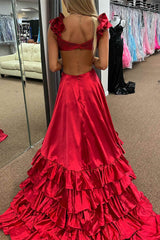 Criss-Cross Top Ruffled Straps Red Pleated Layered Long Prom Dress