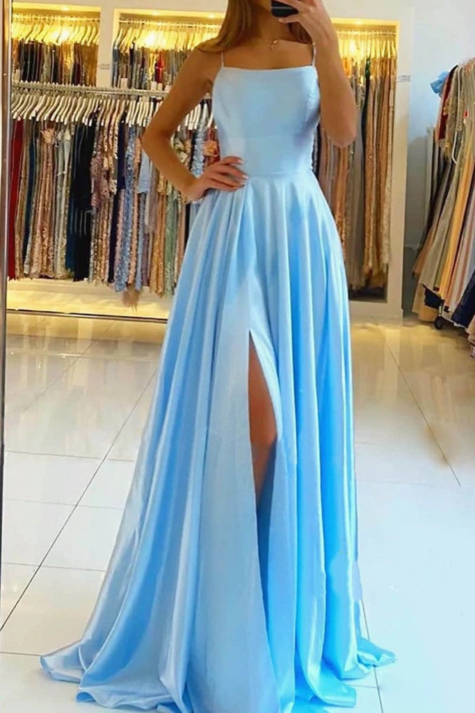 Simple A-Line Long Prom Dresses with Slit, Backless Evening Dress