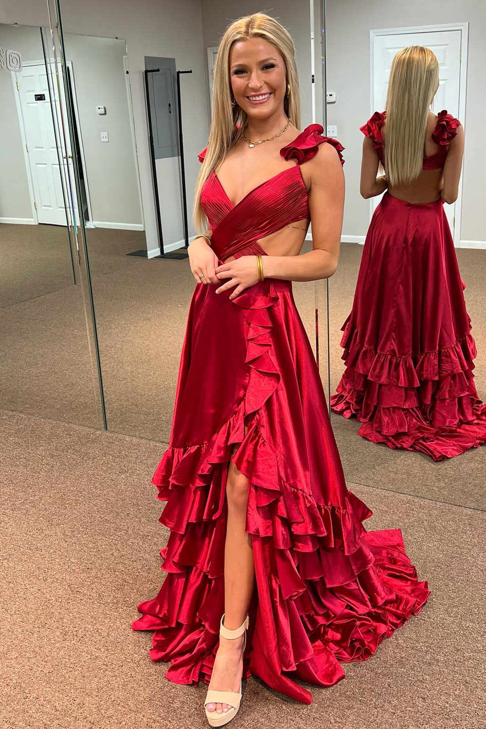 Criss-Cross Top Ruffled Straps Red Pleated Layered Long Prom Dress