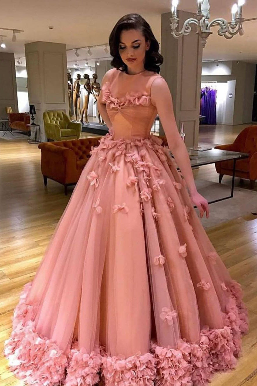 Ball Gown Long Prom Dress, Quinceanera Dress with Handmade Flowers