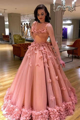 Ball Gown Long Prom Dress, Quinceanera Dress with Handmade Flowers