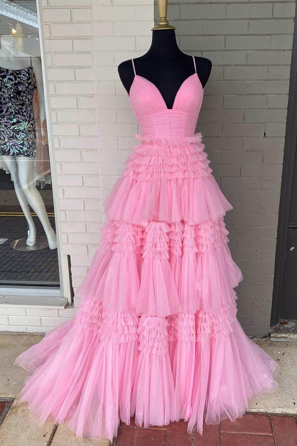 Glitter Black Tulle Tiered Prom Dresses, Long Graduation Gown with Slit