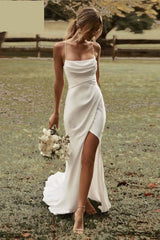Ivory Spaghetti Straps Sheath Beach Wedding Dresses, Simple Slit Wedding Dress
